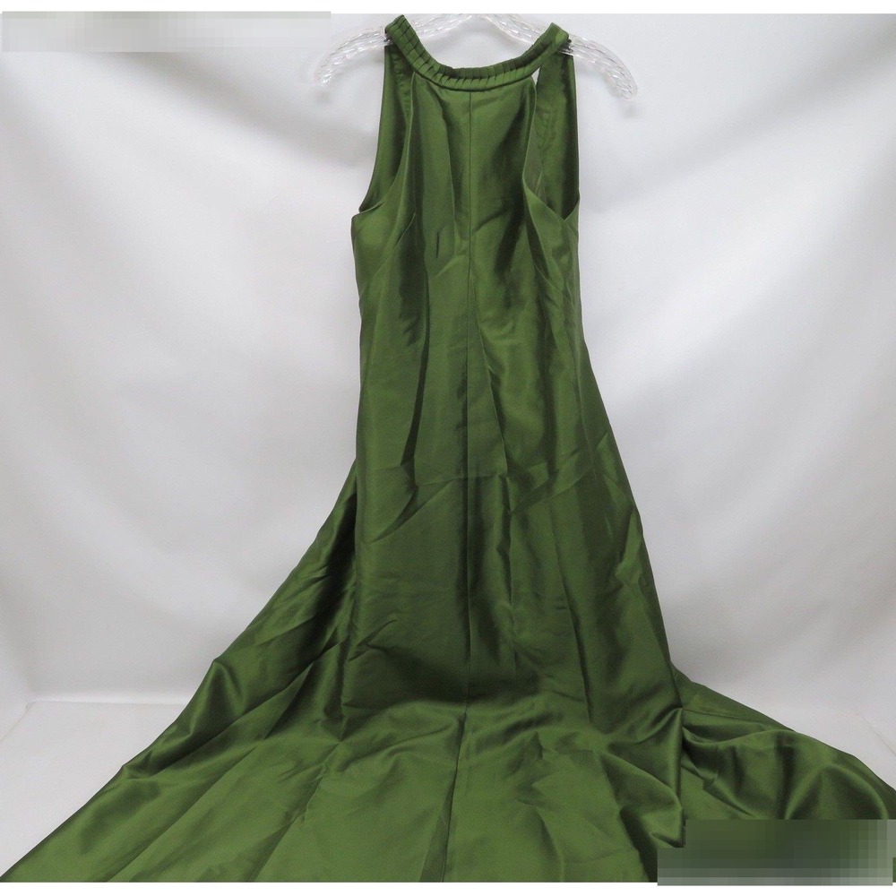 Leon Max Limited Edition Olive Green Silk Halter Gown with Open Back – Size 6